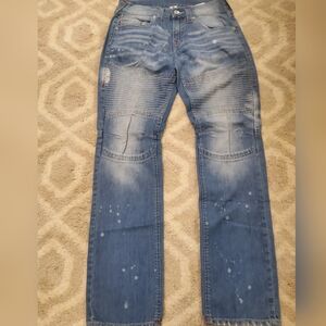 True Religion Moto Light Wash Distressed Jeans, Distressed + Splatter , Size 31